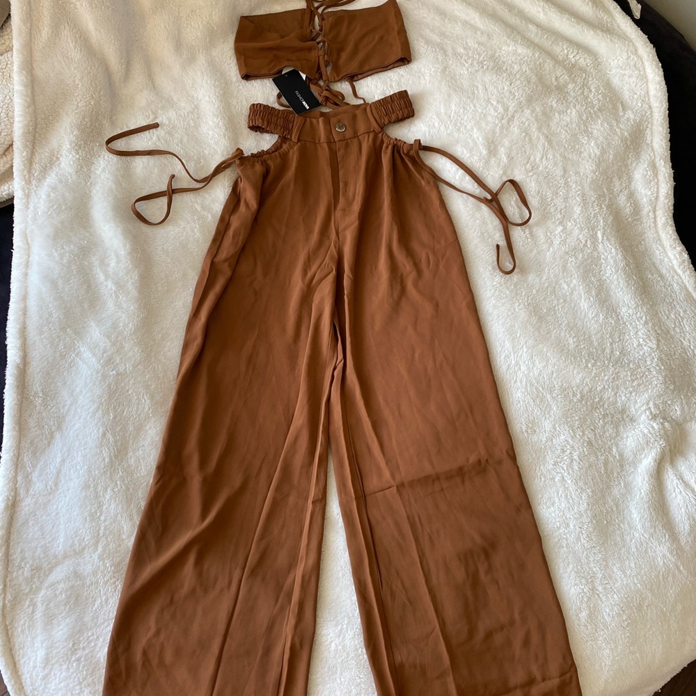 Fashion Nova Brown High-Waist Wide Leg Jumpsuit Set